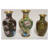 1022	CLOISONNE ENAMELED GROUP OF ASSORTED VASES EACH W/IMAGES OF FLOWERS ON BRANCHES, LARGEST APPROX