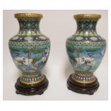 1024	PAIR OF CLOISONNE ENAMELED VASES W/IMAGES OF STORKS ON WOOD BASES, EACH APPROXIMATELY 18 IN OVE