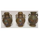 1025	3 ASIAN BRONZE ENAMELED VASES INCLUDING ONE PAIR, APPROXIMATELY 10 IN HIGH