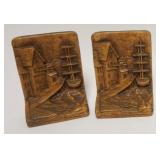 1054	PAIR OF SYROCO WOOD BOOKENDS ENGLISH DOCK W/SAILING SHIP, APPROXIMATELY 5 IN X 2 1/2 IN X 7 IN 