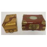 1059	ASIAN WOOD & LACQUERED DRESSER/TRINKET BOXES, WOOD HAS APPLIED BRASS TRIM & JADE OVAL MEDALION 