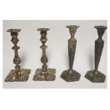 1061	2 PAIRS OF CANDLESTICK SETS, ONE SILVERPLATE & OTHER CAST METAL W/EMBOSSED IMAGES OF PEOPLE, TA
