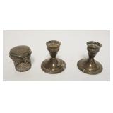 1064	STERLING SILVER DECANTOR LID & WEIGHTED STERLING CANDLESTICKS, DECANTOR LID 2.30 OZT