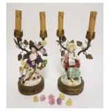 1070	PAIR OF PORCELAIN FIGURAL LAMPS ON METAL BASES, IMAGE OF MAN & WOMAN SEATED W/DOG & LAMB, LOOSE