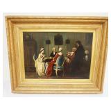 1071	ANTIQUE OIL PAINTING ON CANVAS PARLOR SCENE OF PEOPLE GATHERED AT TABLE PLAYING CARDS, SMALL TEAR IN CANVAS, APPROXIMATELY 35 IN X 28 IN OVERALL