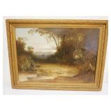 1072	ANTIQUE OIL PAINTING ON CANVAS LANDSCAPE W/OUTLINES OF DOGS RUNNING & MAN FOLLOWING, LOSS TO CA