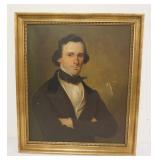 1075	ANTIQUE ANCESTOR PORTRAIT PAINTING, TEAR TO CANVAS, APPROXIMATELY 29 1/2 IN X 34 1/4 IN