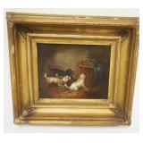 1076	FRAMED PAINTING DOGS BARKING AT MICE IN CAGE, APPROXIMATELY 15 IN X 17 IN OVERALL