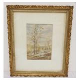 1086	ARTIST SIGNED WATERCOLOR LANDSCAPE, SHEEP ON WOODED MOUNTAIN SIDE, APPROXIMATELY 19 IN X 23 IN