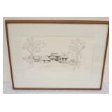 1087	PEN & INK WATERCOLOR FRAMED IMAGE OF FARM & OUT BUILDINGS IN WINTER, APPROXIMATELY 19 IN X 24 1