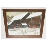 1091	OIL PAINTING ON BOARD BARN IN WINTER, ARTIST SIGNED BEN TUCKER, APPROXIMATELY 18 1/4 IN X 18 1/