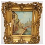 1092	OIL PAINTING ON CANVAS ARTIST SIGNED CANAL SCENE SOME LOSS TO CANVAS, APPROXIMATELY 13 IN X 16 