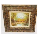 1093	OIL PAINTING ON CANVAS ARTIST SIGNED LANDSCAPE, STREAM IN FOREST MOUNTAIN SIDE, APPROXIMATELY 1