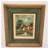 1094	OIL PAINTING ON BOARD COTTAGE ON LAKE SIDE, ARTIST SIGNED, APPROXIMATELY 16 IN X 18 IN OVERALL