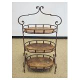 1116	FANCY WROUGHT IRON 3 TEIR OVAL STAND W/3 INSET STONE SHELVES, APPROXIMATELY 30 IN X 17 IN X 52 