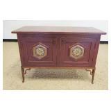 1118	COUNTRY STYLE 2 DOOR CABINET W/BUTTERMILK RED PAINT FINISH & DECORATED PANELED DOORS ON WROUGHT