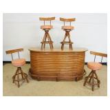 1120	VINTAGE TIKI STYLE BAMBOO BAR, FORMICA TOP W/4 SWIVEL MATCHING BAR STOOLS, BAR APPROXIMATELY 73 IN X 23 IN X 37 IN HIGH