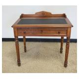 1124	VICTORIAN SLANT FRONT WALNUT WRITING TABLE, ONE DRAWER W/TURNED LEGS, GALLERY TOP & INSET LEATH