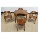 1127	OAK GAME TABLE W/4 BENTWOOD TURN SPINDLE BARREL BACK CHAIRS, TABLE APPROXIMATELY 29 IN X 37 IN 