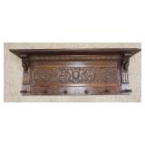 1137	CARVED OAK HANGING COAT RACK SHELF W/LION HEADS & CARVED CENTER CREST, APPROXIMATELY 44 IN X 7 