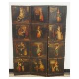 1139	3 SECTION FOLDING SCREEN W/12 DIFFERENT PAINTED IMAGES OVER PAPER W/LEATHER TRIM, SOME LOSS TO 