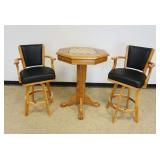 1146	OAK PEDESTAL BAR HEIGHT GAME TABLE W/2 SWIVEL ARM BAR STOOLS, TABLE HAS 2 PULL OUT DRAWERS & BA