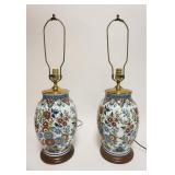 1161	PAIR OF PORCELAIN TABLE LAMPS W/BRASS CAPS ON WOOD BASE W/FLORAL DESIGN ALL OVER, EACH APPROXIM