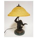 1162	CONTEMPORARY BRONZE MONKEY LAMP ON MARBLE BASE W/AMBER TORTICE SHELL GLASS SHADE, APPROXIMATELY