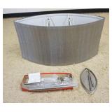 1165	STONE GATE DESIGNS MIDCENTURY MODERN HANGING LAMP, DIAMOND SHAPE CLOTH SHADE W/MILK GLASS BOTTO