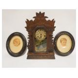 1167	ANTIQUE GILBERT PRESSED WOOD KITCHEN CLOCK & 2 OVAL FRAMES W/IMAGES OF CHILDREN, CLOCK APPROXIM