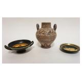 1172	REPRODUCTION ACIENT GREECE POTTERY, MUSEUM COPY VASE, DOUBLE HANDLED COMPOTE & DISH, VASE APPRO