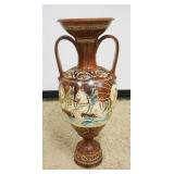 1173	REPRODUCTION ACIENT GREECE POTTERY, DOUBLE HANDLED FLOOR URN W/IMAGES OF WARRIORS & WOMAN IN CH