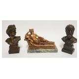 1177	GROUP OF CAST METAL NEOCLASSICAL BUSTS & RECLINING WOMAN, BUSTS STAMPED MADE IN GREECE, TALLEST