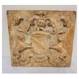1185	COMPOSITION WALL PLAQUE W/RAMPANT LIONS FLANKING CREST, APPROXIMATELY 16 1/2 IN X 15 IN