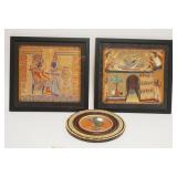 1189	PAIR OF FRAMED TEXTILES W/EGYPTION DESIGN & FRAMED BRASS SILHOUETTE, LARGEST APPROXIMATELY 14 I