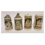1200	GROUP OF 4 VINTAGE GERMAN STEINS, 2 MISSING PEWTER TOPS, TALLEST APPROXIMATELY 7 IN