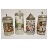 1208	GROUP OF 4 VINTAGE GERMAN STEINS/MUGS INCLUDING 2 GLASS, TALLEST APPROXIMATELY 8 IN HIGH