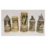 1209	GROUP OF 5 VINTAGE GERMAN STEINS/MUGS, ONE MISSING PEWTER TOP, TALLEST APPROXIMATELY 11 1/2 IN