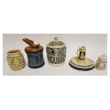 1211	GROUP OF ASSORTED VINTAGE GERMAN STONEWARE INCLUDING TOBACCO JARS, STEIN, ASHTRAY, ETC, LARGEST