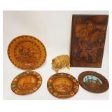 1213	GROUP OF ASSORTED VINTAGE GERMAN WOOD WALL PLATES, PLAQUES & MINIATURE KEG, LARGEST APPROXIMATE