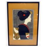 1216	FRAMED & MATTED WOODBLOCK PRINT PROFILE OF GEISHA GIRL, ARTIST SIGNED, APPROXIMATELY 16 IN X 23