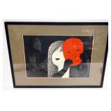 1217	FRAMED & MATTED WOODBLOCK PRINT OF CHILD W/MASK, APPROXIMATELY 16 IN X 22 IN OVERALL