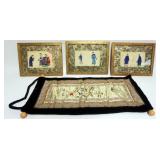 1219	3 FRAMED ASIAN PAINTED SILK IMAGES & EMBRODERED SILK, FRAMES APPROXIMATELY 12 1/2 IN X 10 IN OV