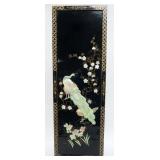 1221	APPLIED MOTHER OF PEARL PEACOCK W/BIRDS & FLOWERS ON BLACK LACQUERED PANEL, APPROXIMATELY 12 IN