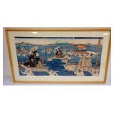 1222	FRAMED WOOD BLOCK PRINT W/IMAGES OF PEOPLE SWIMMING, APPROXIMATELY 20 IN X 35 IN