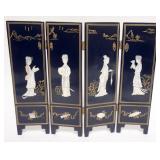 1229	4 PART MINIATURE ASIAN FOLDING SCREEN WITH INSET MOTHER OF PEARL IMAGES, SCREEN APPROXIMATELY 1