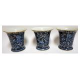 1237	3 PORCELAIN BLUE & WHITE FLAIR NECK VASES WITH GILT EDGES, APPROXIMATELY 8 1/2 IN X 8 IN H