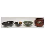 1244	GROUP OF ASSORTED ART POTTERY BOWLS AND JARDINEER, JARDINEER APPROXIMATELY 8 IN X 7 IN H, SOME 