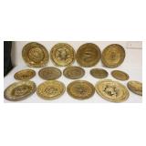 1248	LARGE GROUP OF ASSORTED BRASS WALL CHARGERS INCLUDING IMAGES OF SHIPS, TAVERNS, ETC., LARGEST A