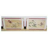 1225A	PAIR OF FRAMED ASIAN COLORED PRINTS W/IMAGES OF BIRDS ON FLORAL BRANCHES, EACH IN RED LACQUERE